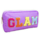 Fablinks Preppy Makeup Bag Organizer with Chenille Varsity Letter Patch, Skincare Travel Toiletry Pouch for Girls, Purple Cosmet
