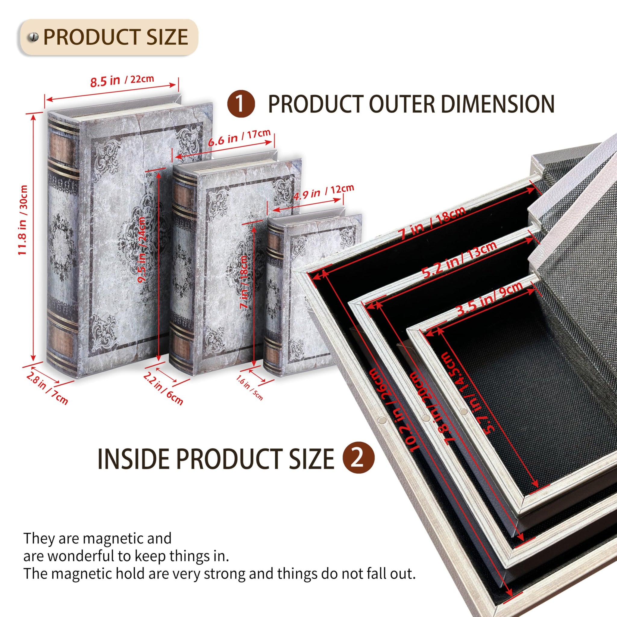XIAOAIKA Wooden Book Box Set of 3 with Magnetic Closure and Grey Vintage Leather Cover, Non-Woven Fabric Interior, Decorative Se