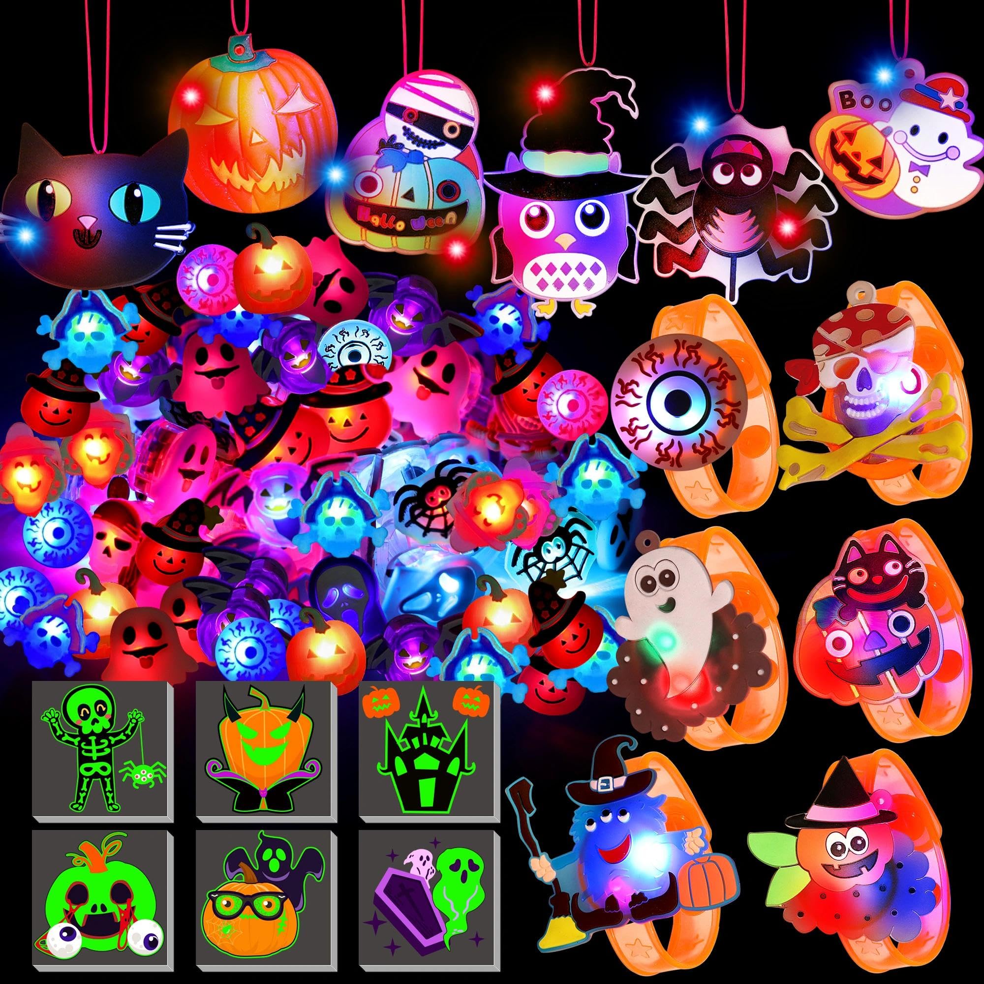 U-Goforst 88 PCS Halloween Party Favors for Kids, Glow in the Dark Light Up Bracelets Necklaces LED Rings Halloween Toys Bulk Cl