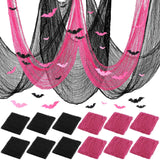 Fanfanwin 12 Set Pink Halloween Creepy Gauze Decor 30 x 70 Inch Halloween Pink and Black Spider Web Gauze Cloth Decor 3D Bats DI