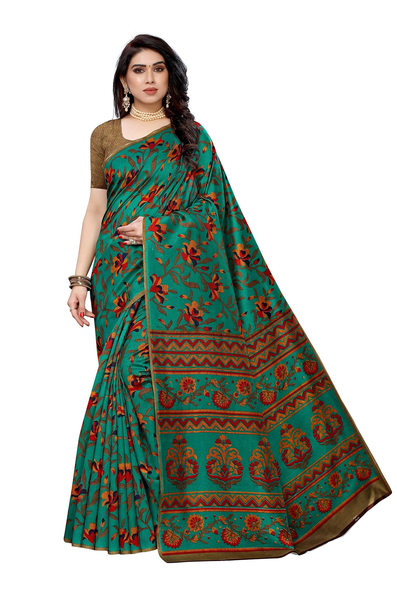 Gosriki Women'S Art Silk Printed Saree With Blouse Piece (Gorakh-Pink_Go),Green,,B08MK3XD9Z