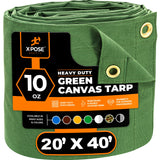 Xpose Safety Canvas Tarp - 10oz Green Canvas Tarps Heavy Duty Water Resistant with Brass Grommets- Multipurpose Outdoor Tarpauli