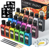 Metallic Fabric Paint, Shuttle Art 18 Metallic Colors Permanent Soft Fabric Paint in Bottles (60ml/2oz) with Brush and Stencils,