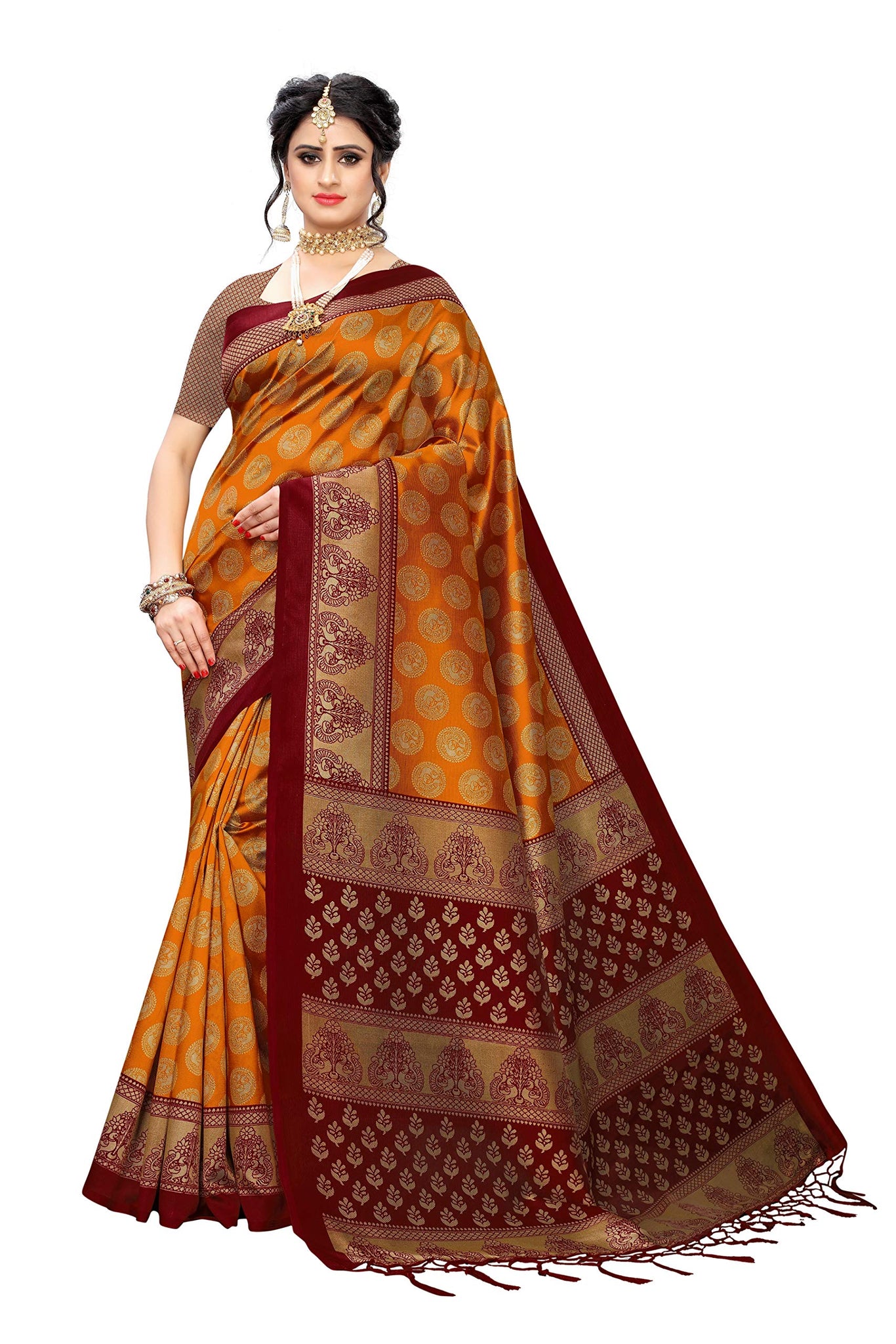 Anni Designer Women'S Yellow Color Art Silk Printed Saree Border Tassels With Blouse Piece(Solah-Yellow_Free Size),Yellow,Free