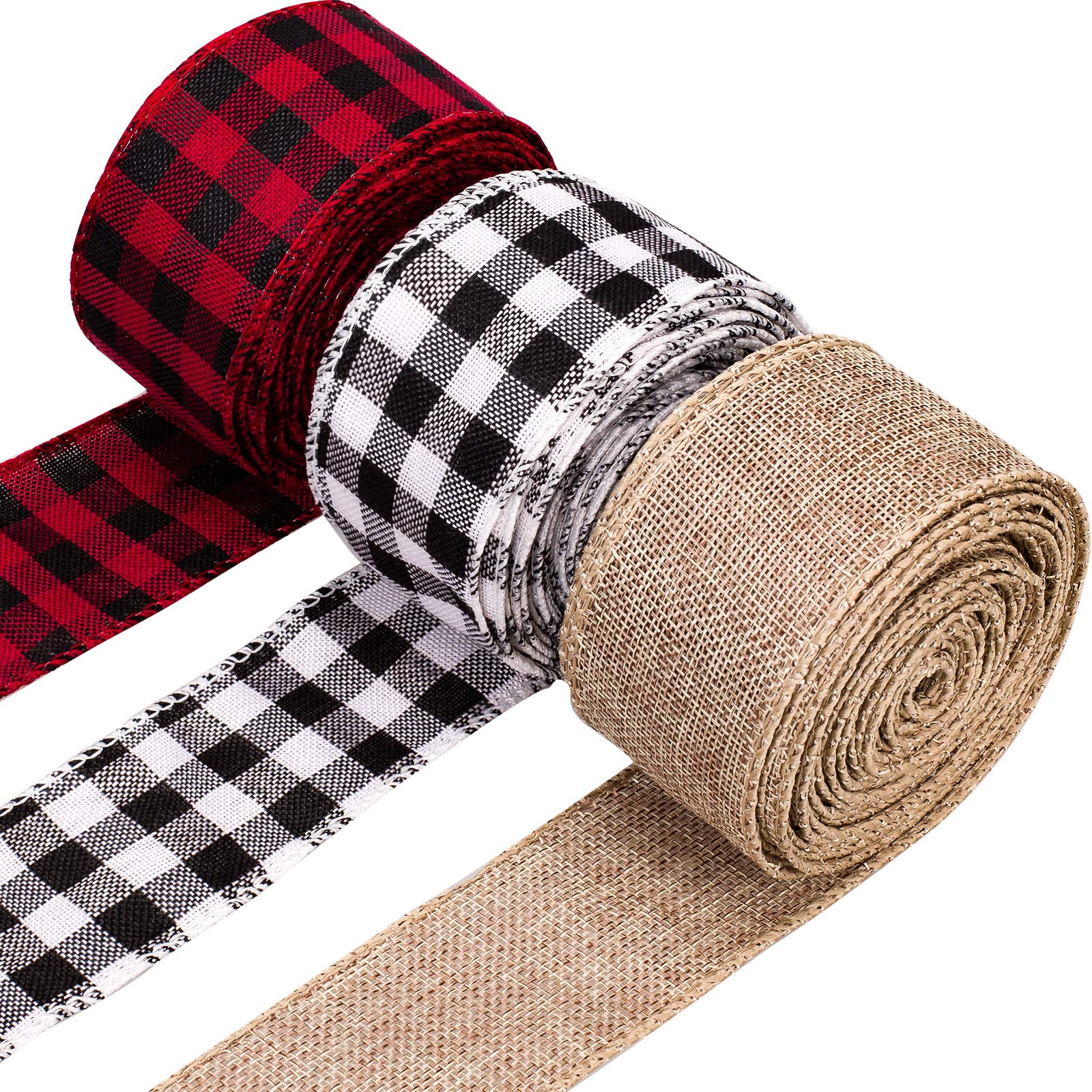 Whaline 3 Rolls Christmas Wired Edge Ribbons, 30 Yards x 1 Inches Black Red Plaid Ribbon, Black White Buffalo Plaid Ribbon and B