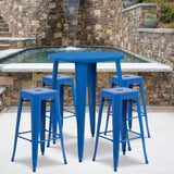 Flash Furniture Commercial Grade 30 Round Yellow Metal Indoor-Outdoor Bar Table Set with 4 Square Seat Backless Stools