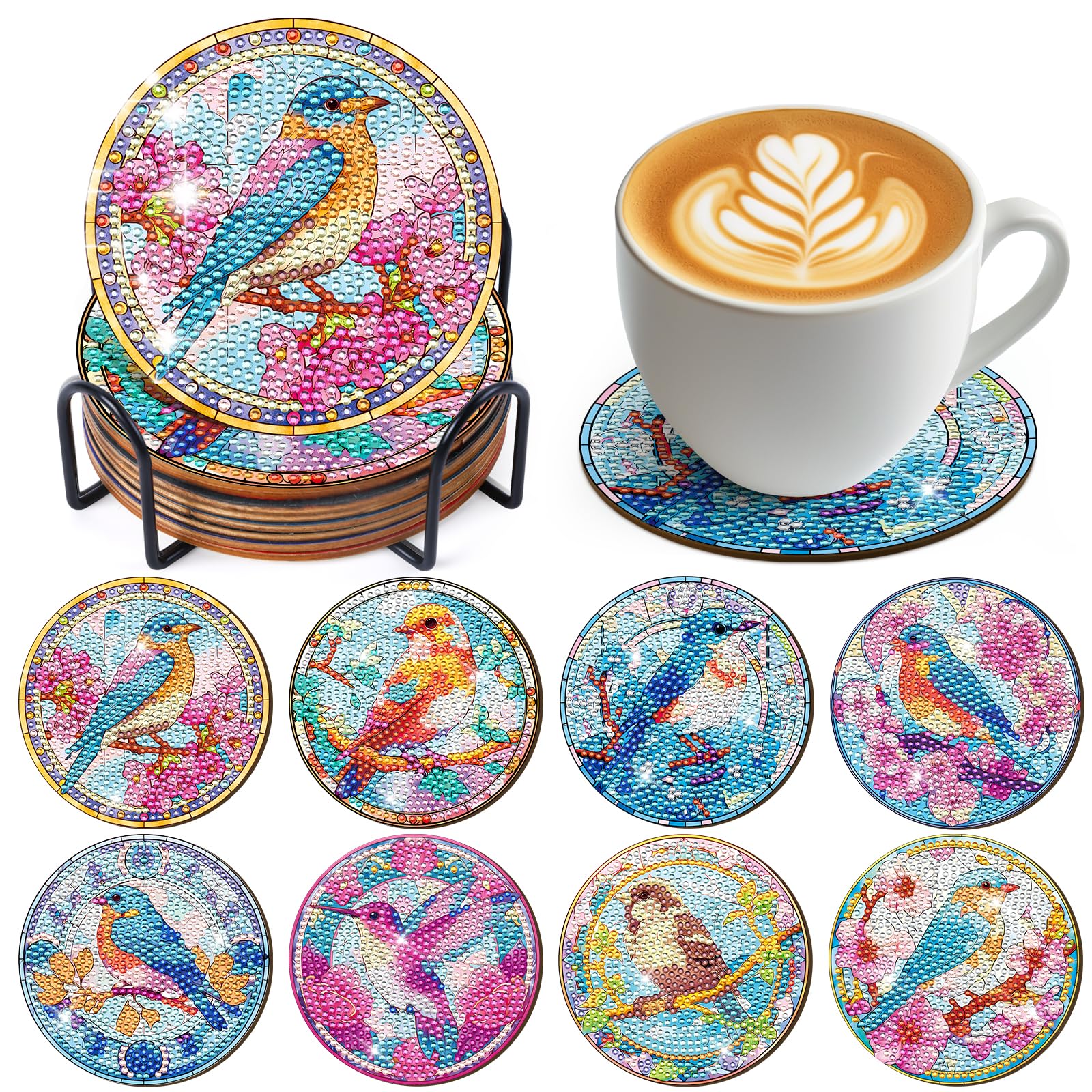Sitsink Hummingbird Diamond Art Coasters - 8 Pcs DIY Hummingbird Birds Flower Diamond Painting Coasters Kits with Holder for Adu