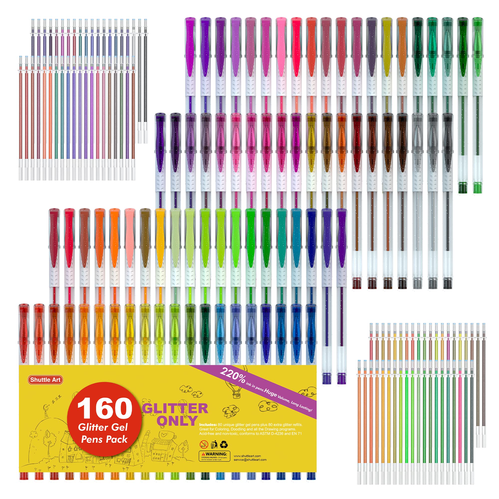 Shuttle Art 160 Pack Glitter Gel Pens, 80 Colors Glitter Gel Pens Set With 80 Refills For Adults Coloring Books Drawing Crafts S
