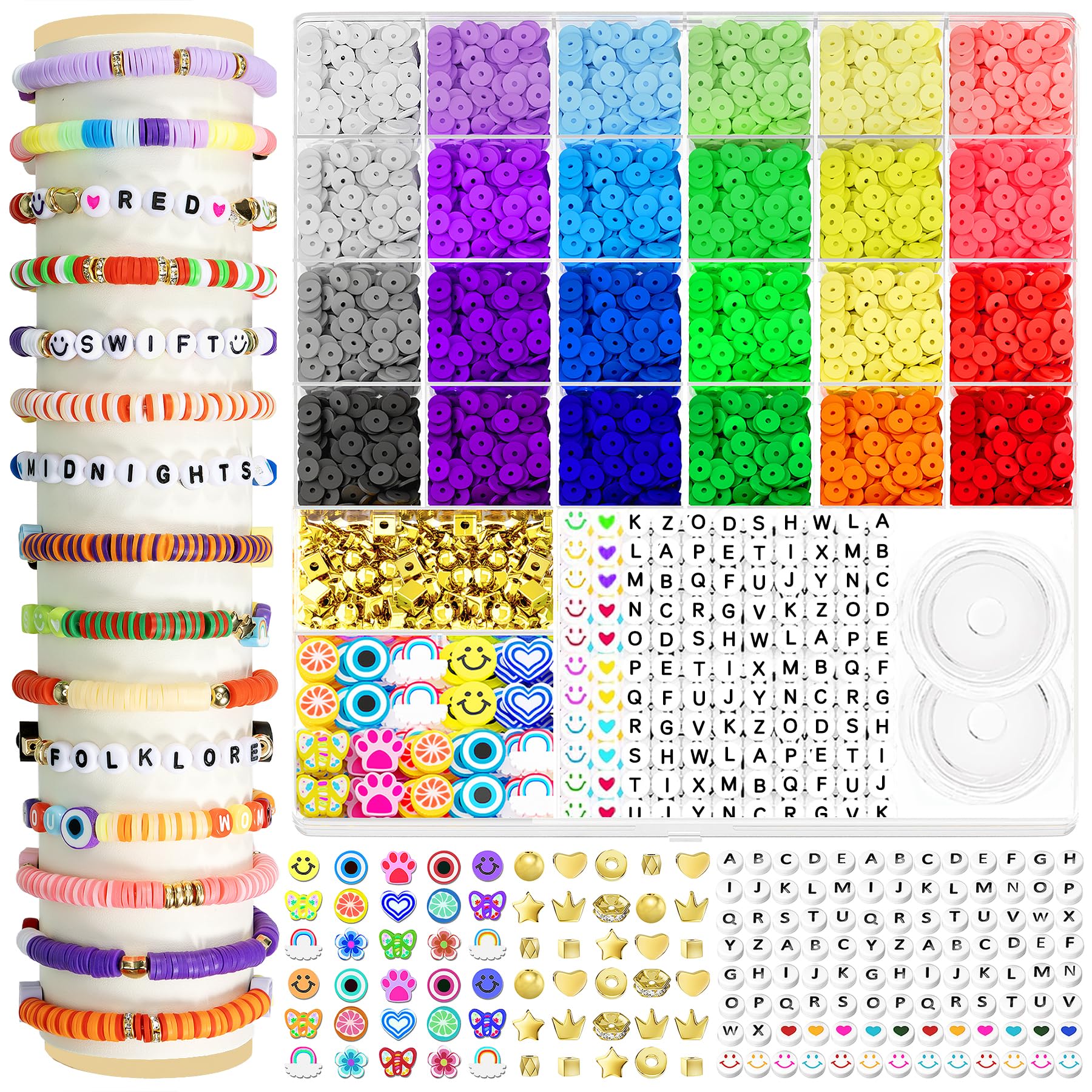 ARTDOT 5342 PCS Clay Beads for Friendship Bracelets Making Kit, 24 Rainbow Colors Jewelry Making Supplies Heishi Beads with Elas