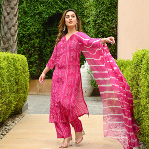 Gosriki Women'S Rayon Blend Straight Bandhej Printed Kurta With Pant & Dupatta (Baghira Pink-Vks01-Gs_M_Pink_Medium),Pink,,B0DFXZQ1BB
