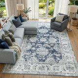 jinchan 9x12 Vintage Floral Rug, Large Washable Living Room Rug, Dark Blue
