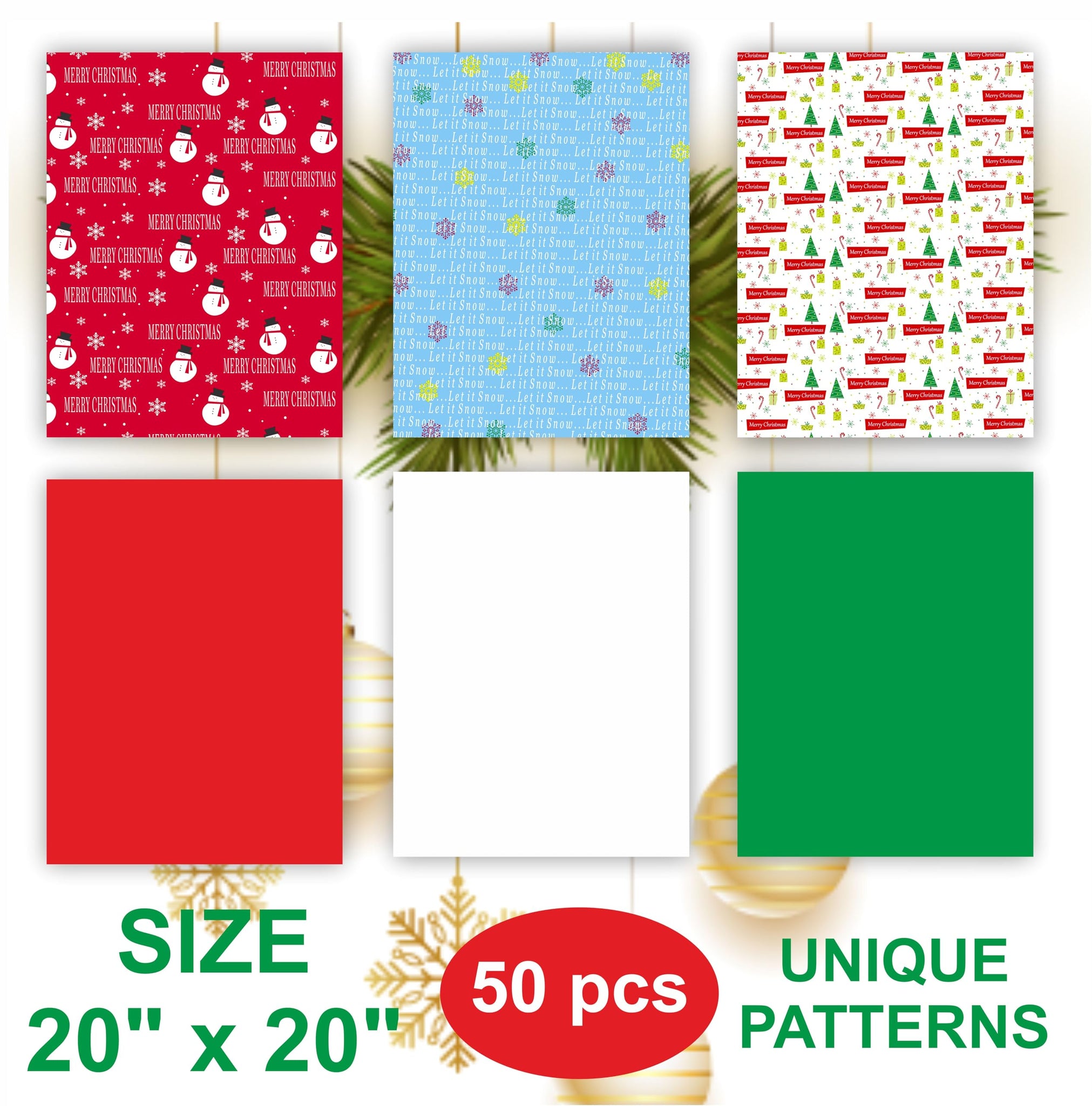 50 Christmas Tissue Paper Sheets - 20x20 Inch, Red, White, Green & Printed Holiday Tissue Paper for Xmas Wrapping, Gift Bags & C