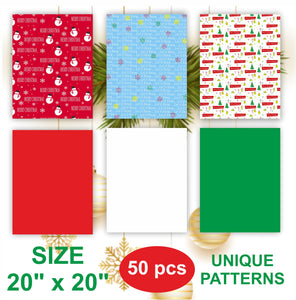 50 Christmas Tissue Paper Sheets - 20x20 Inch, Red, White, Green & Printed Holiday Tissue Paper for Xmas Wrapping, Gift Bags & C