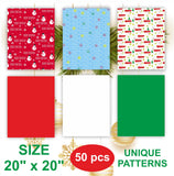 50 Christmas Tissue Paper Sheets - 20x20 Inch, Red, White, Green & Printed Holiday Tissue Paper for Xmas Wrapping, Gift Bags & C