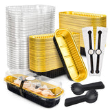 NPLUX 100 Pack Mini Cake Pans with Lids and Spoons Black Gold Rectangular Aluminum Foil Baking Pans Mini Cheesecake Containers(6