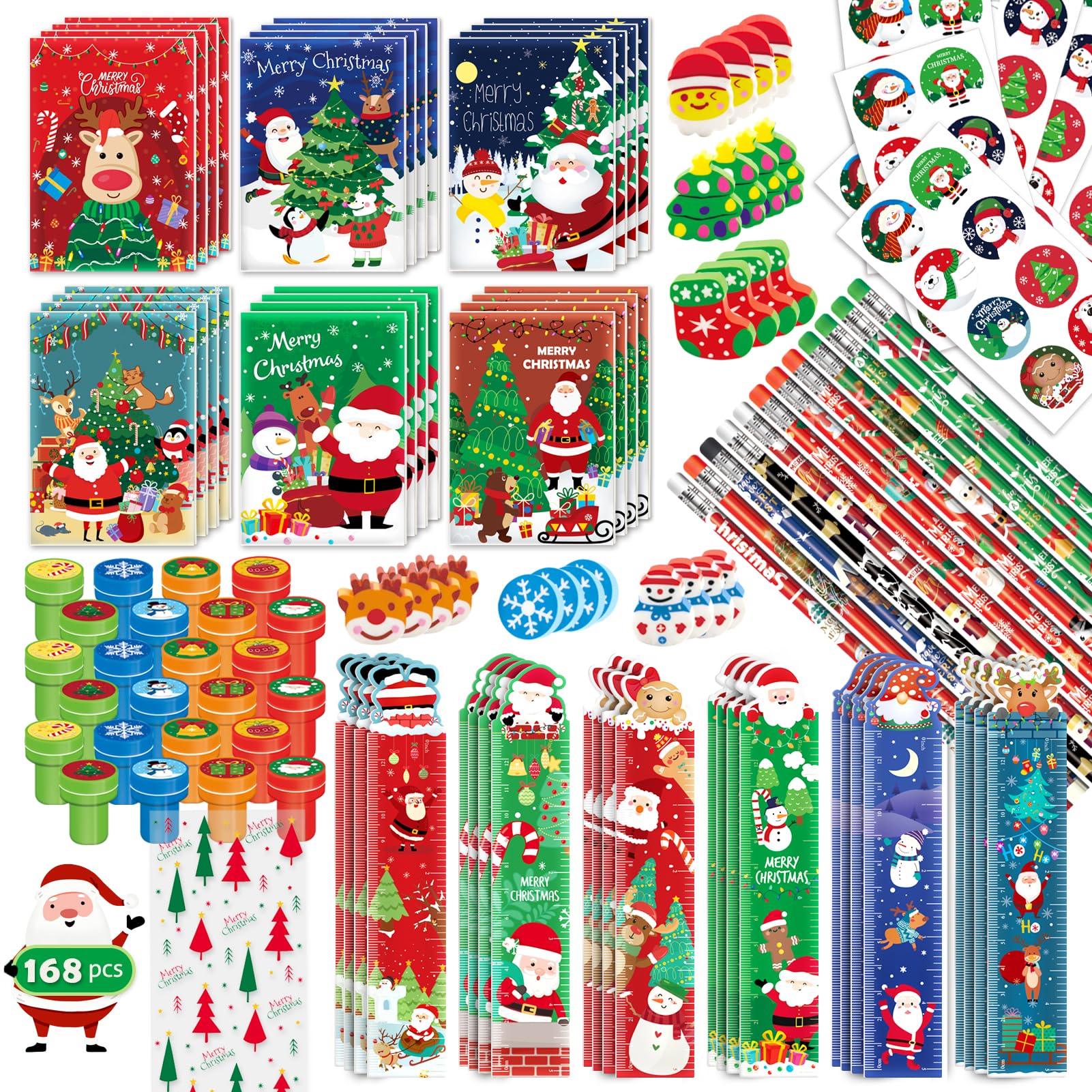 BEARUN 168 Pcs Christmas Party Favors Bulk for Kids-24-Pack Christmas Stationery Set for Stocking Stuffers, Christmas-Themed Cla