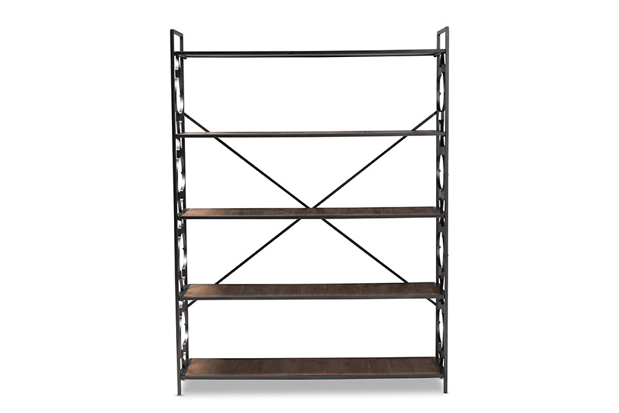 Baxton Studio Mirna Industrial Black Iron Metal And Natural Oak Wood 5-Shelf Quatrefoil Accent Bookcase