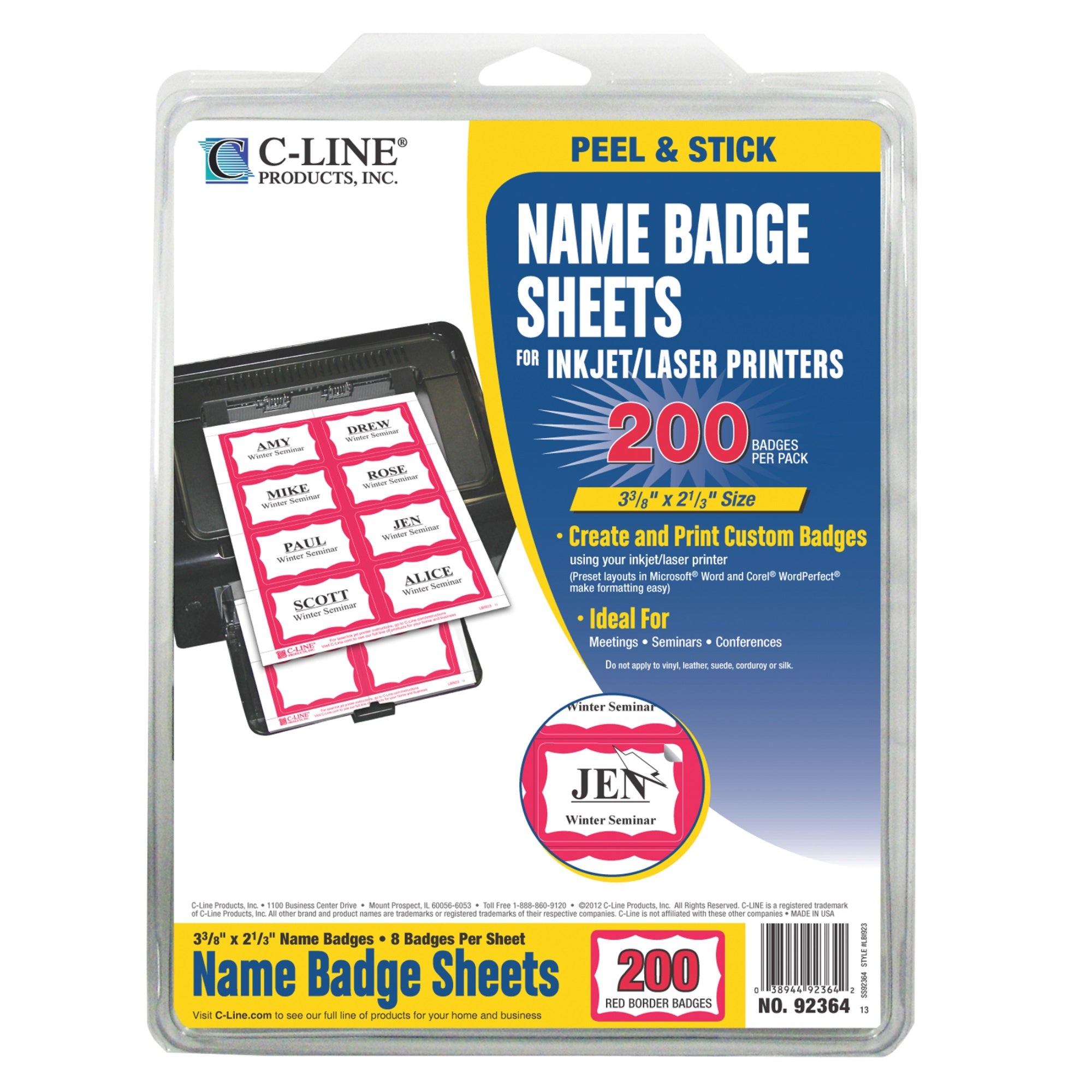 Laser Printer Name Badges, Red Border, 8/Sheet, 3 3/8 X 2 1/3, 200/Bx, 92364