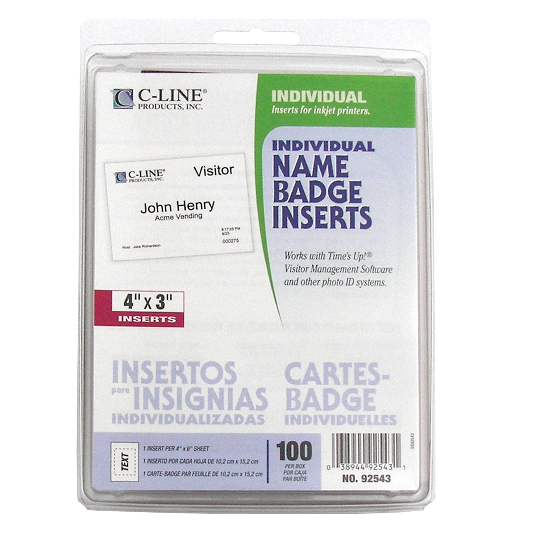Individual Inkjet Printer Name Badge Inserts, 4 X 3 On 4 X 6 Sheet, 100/Bx, 92543