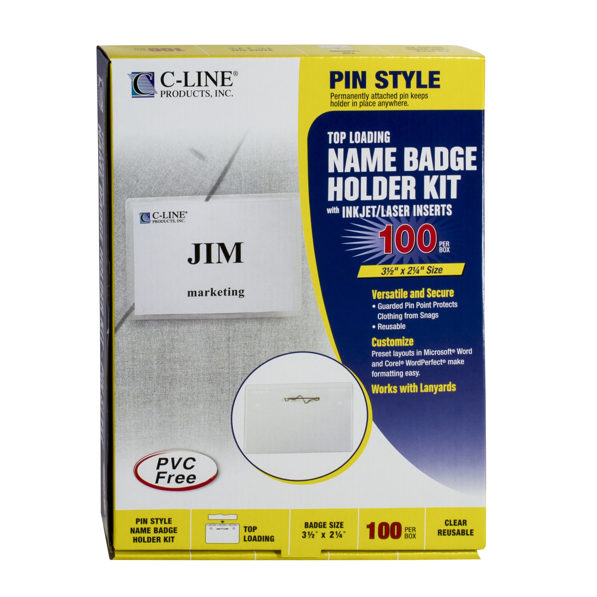 Pin Style Name Badges, Kit With Inserts, Clear, 3 1/2 X 2 1/4, 100/Bx, 94223