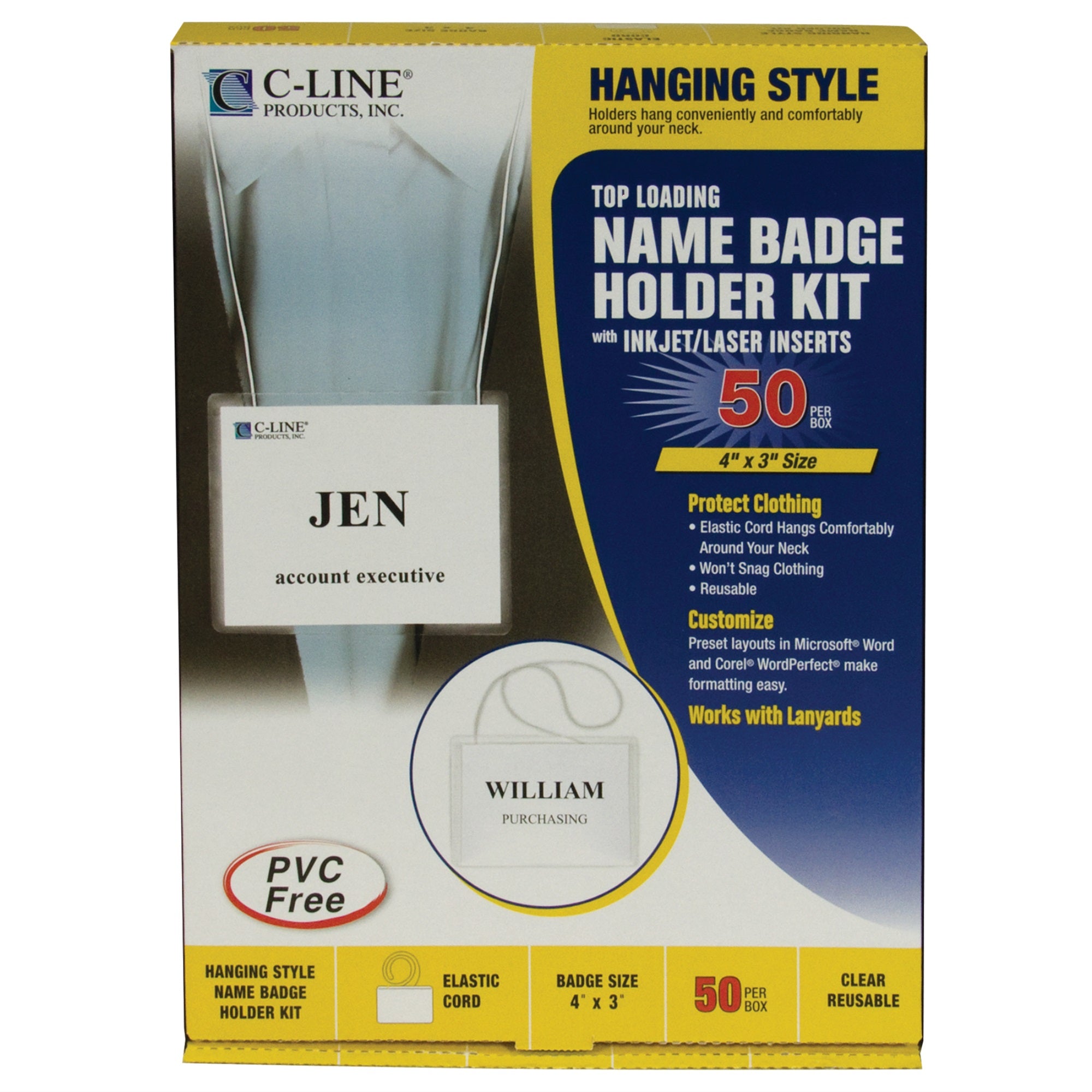 Hanging Style Name Badge Kit W/White Elastic Cord, Sealed With Inserts, 4 X 3, 50/Bx, 96043