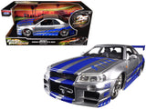 Brians Nissan GTR Skyline R34 RHD (Right Hand Drive) Silver with Blue Stripes Fast & Furious 25th Anniversary 1/24 Diecast Mo