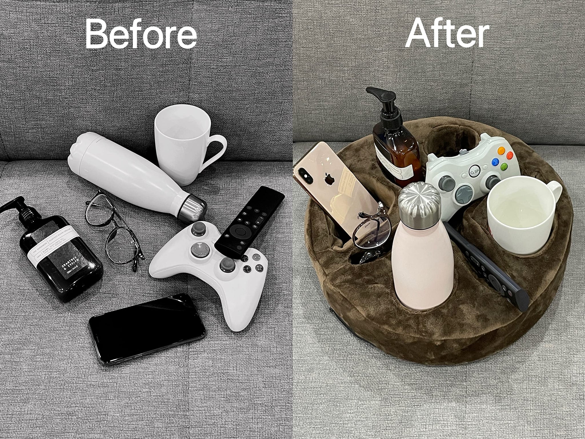 Xchouxer Couch and Bed Cup Holder Pillow, Sofa Organizer Caddy for Drinks, Remotes, Phones, Snacks (Brown)
