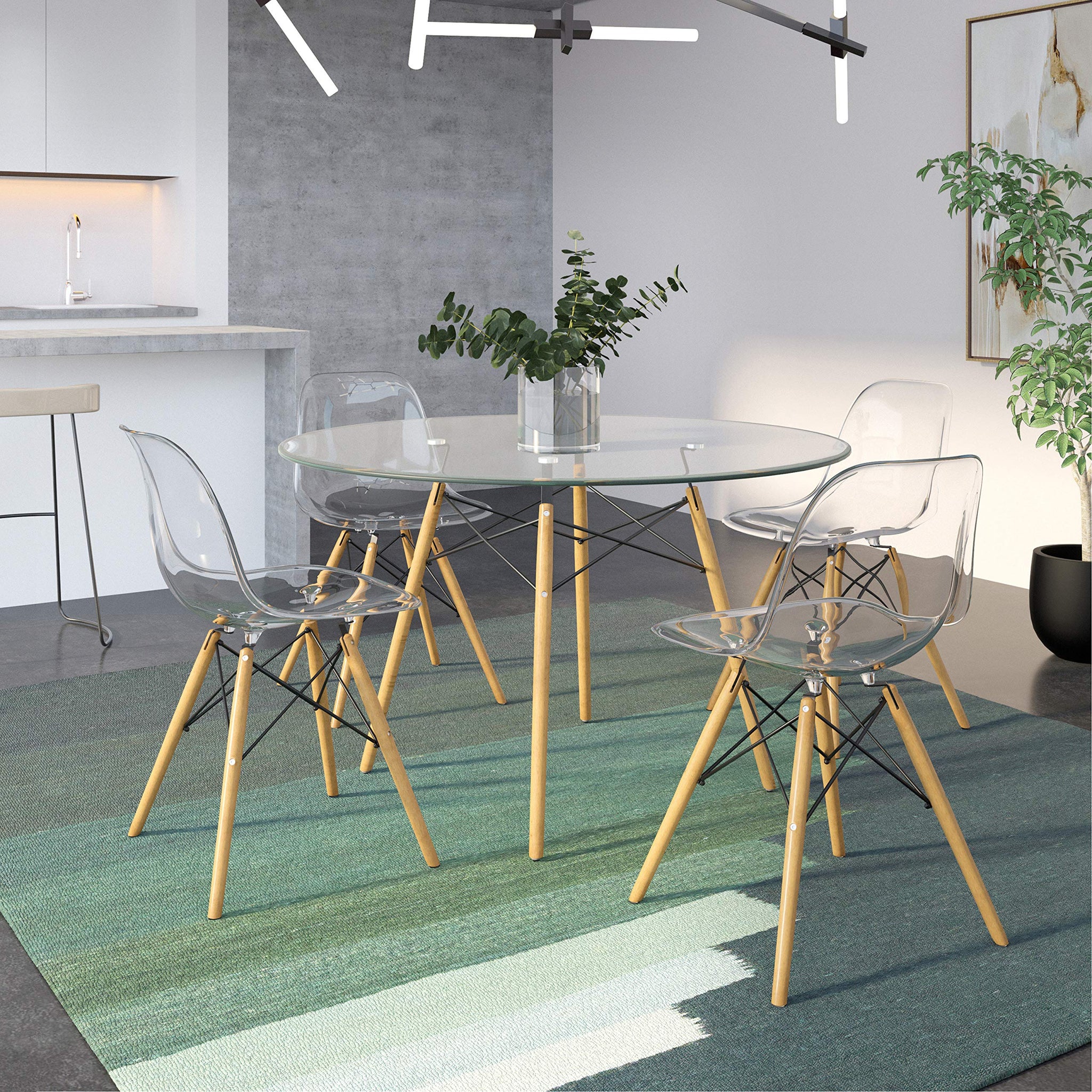 Leisuremod Dover Plastic Molded Dining Side Chair With Wood Dowel Legs, Set Of 4 (Clear)