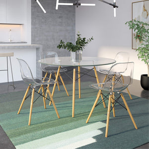 Leisuremod Dover Plastic Molded Dining Side Chair With Wood Dowel Legs, Set Of 4 (Clear)