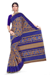 Tamaira Fashion Women'S Plain Weave Floral Print Pure Cotton Saree Without Blouse Piece(11146_Beige&Blue)