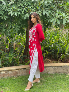 Gosriki Women'S Cotton Blend Straight Chikankari Embroidered Kurta (River Red-Gs_Xl_Red_X-Large),Red,,B0CBPR9BNF