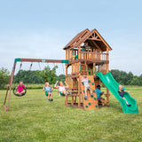 Backyard Discovery Highlander Cedar Wood Swing Set with Wave Slide, Three-Story Clubhouse, Rock Wall, Picnic Table, Belt Swings,