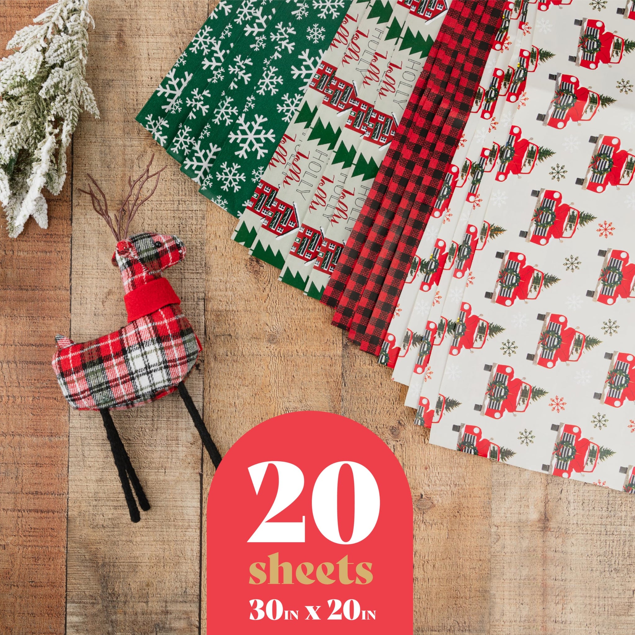 Christmas Wrapping Paper Sheets - 20 Precut (30x20) Sheets - 4 Unique Holiday Gift Wrap Patterns