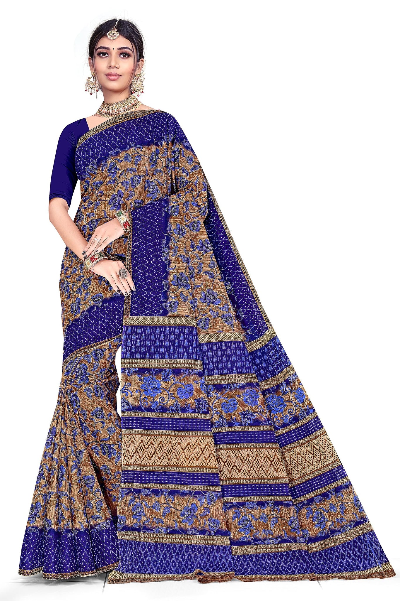 TAMAIRA FASHION Women's Plain Weave Floral Print Pure Cotton Saree Without Blouse Piece(11146_Beige&Blue)
