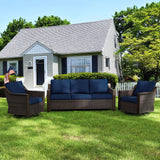 MeetLeisure 3 Pieces Outdoor Patio Conversation Furniture Set - 75 3-Seat Sofa | 2 Swivel Glider Rocker Chairs | Wicker End Tabl