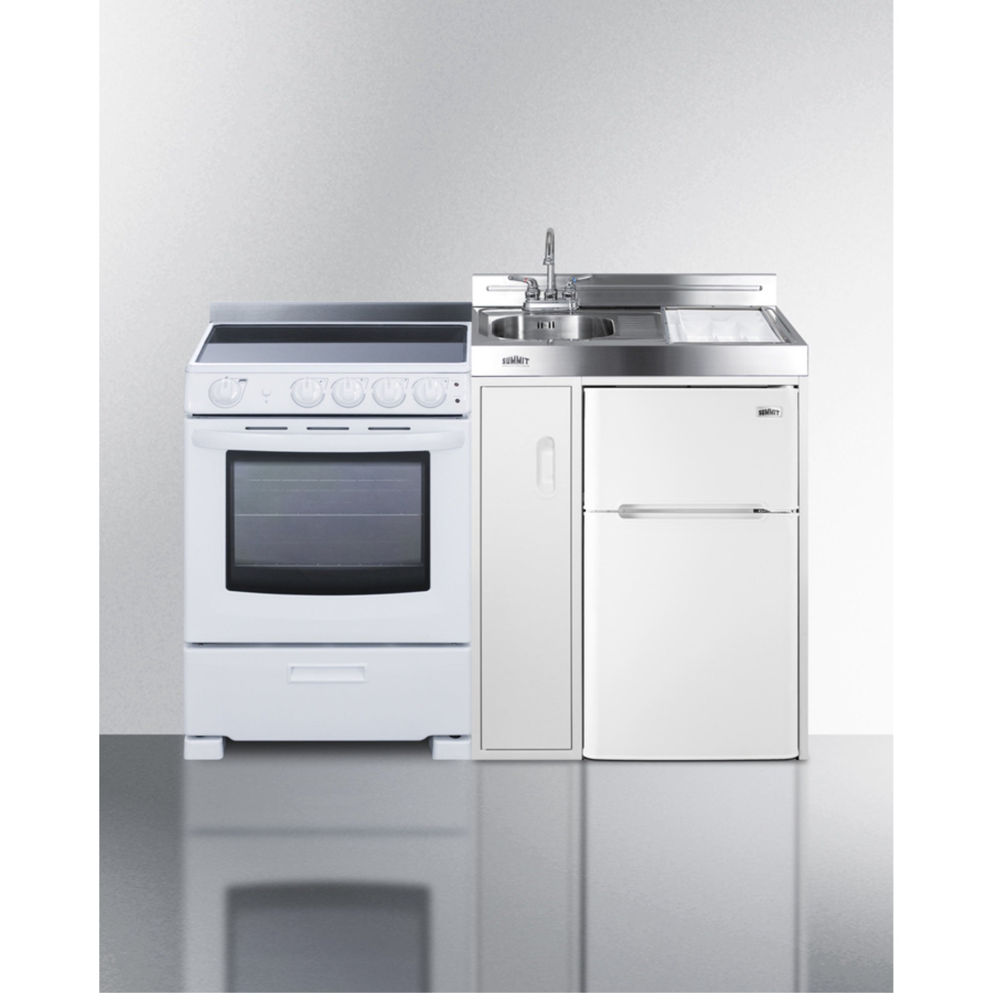 All-In-One Combination Kitchenette With Refrigerator-Freezer, Sink, Storage Cabinet, And Smooth-Top Range