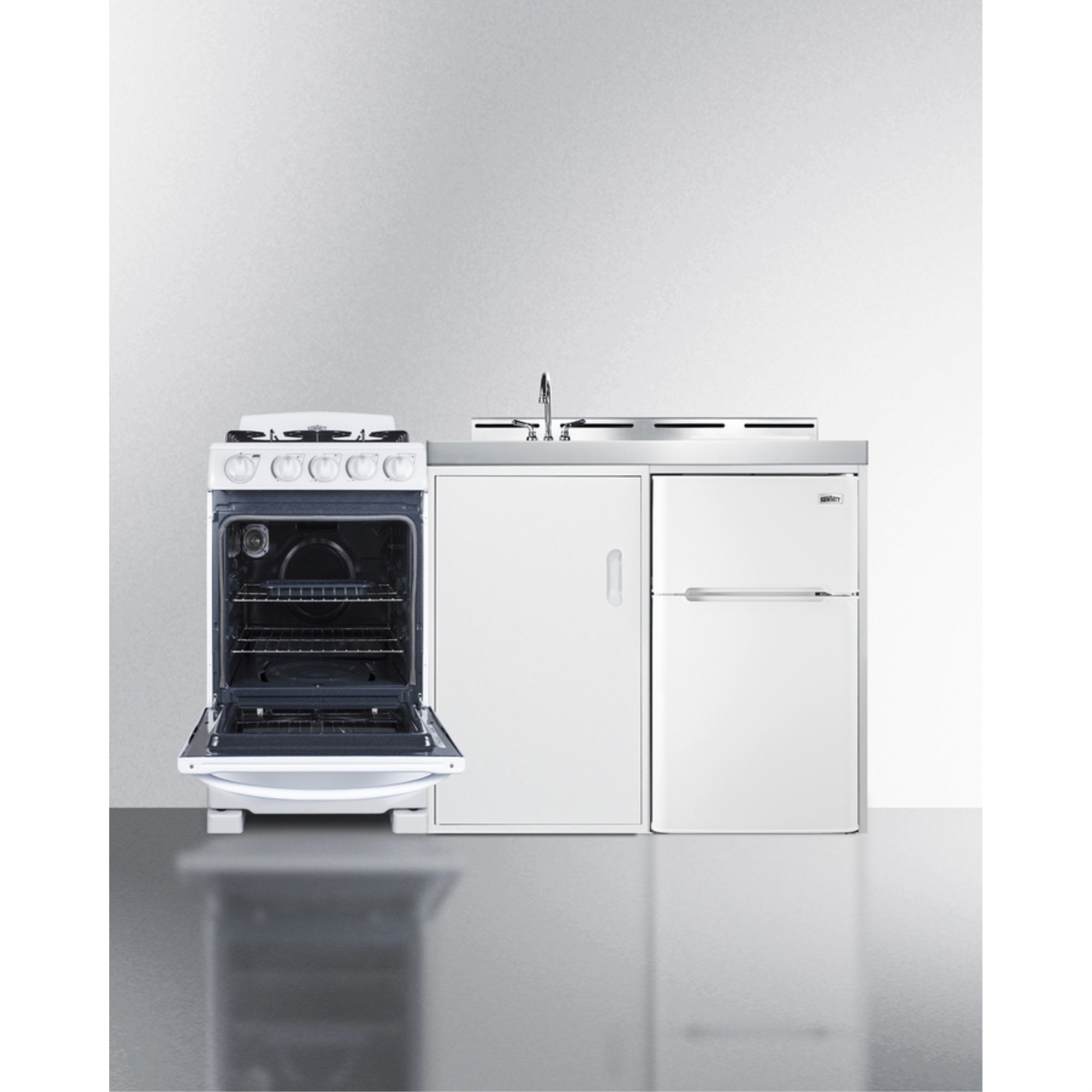 All-In-One Combination Kitchenette With Refrigerator-Freezer, Sink, Storage Cabinet, And Gas Range