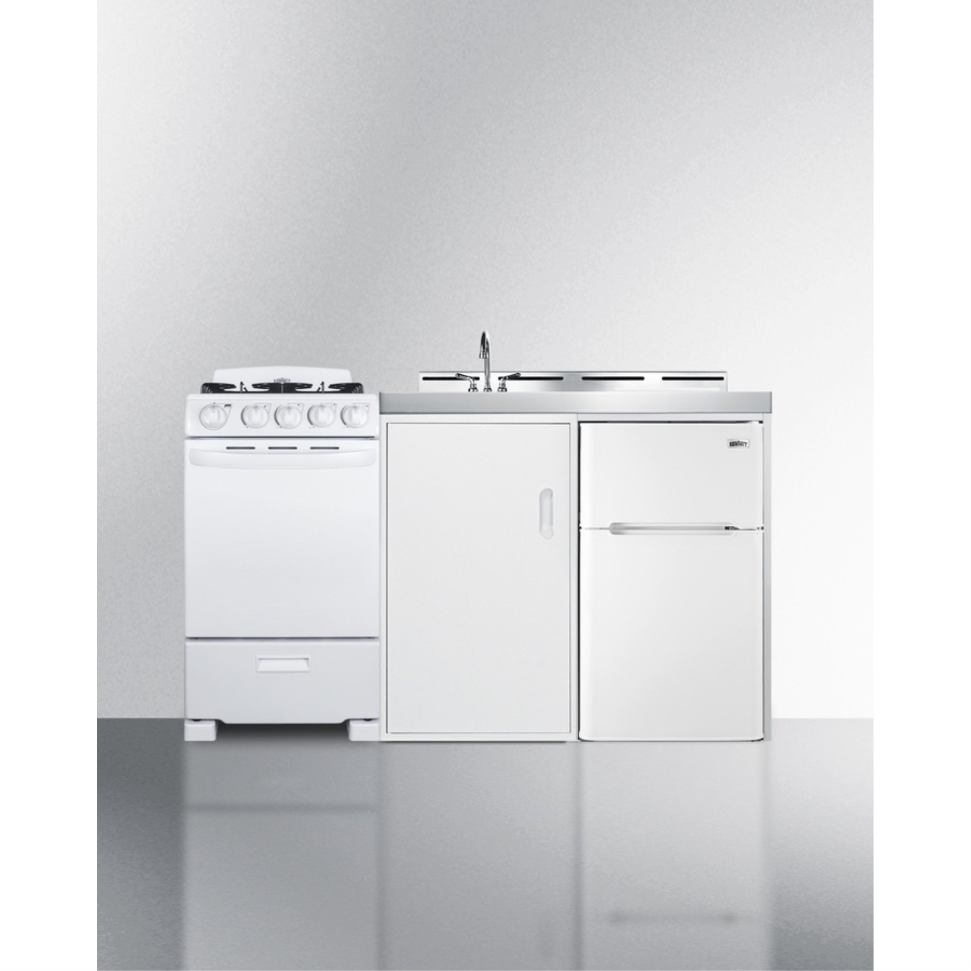 All-In-One Combination Kitchenette With Refrigerator-Freezer, Sink, Storage Cabinet, And Gas Range
