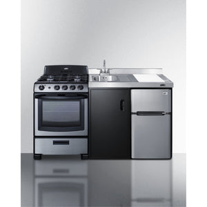 All-In-One Combination Kitchenette In Black With Refrigerator-Freezer, Sink, Storage Cabinet, And Stainlses Steel Gas Range