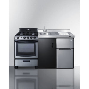 All-In-One Combination Kitchenette In Black With Refrigerator-Freezer, Sink, Storage Cabinet, And Stainlses Steel Gas Range