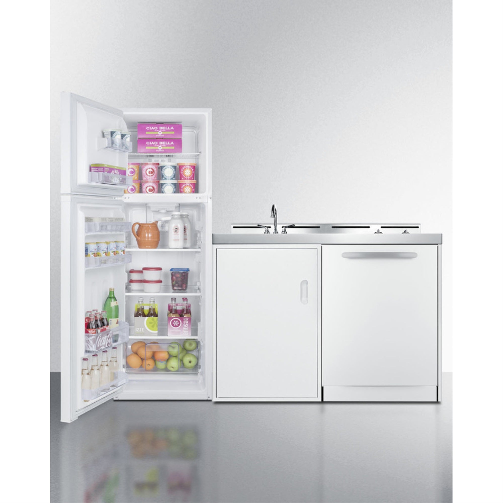All-In-One Combination Kitchenette With Full-Sized Refrigerator-Freezer, Dishwasher, Sink, Storage Cabinet, And 2-Burner Glass C