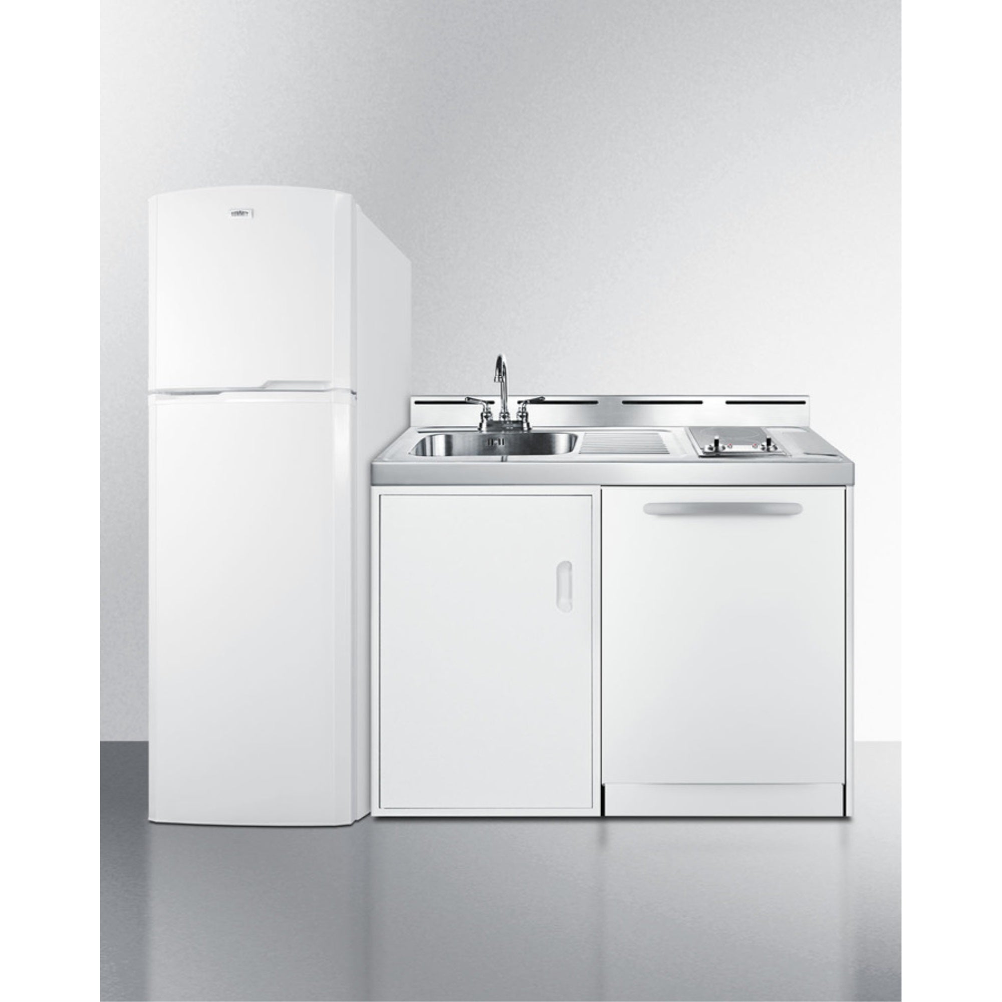 All-In-One Combination Kitchenette With Full-Sized Refrigerator-Freezer, Dishwasher, Sink, Storage Cabinet, And 2-Burner Glass C