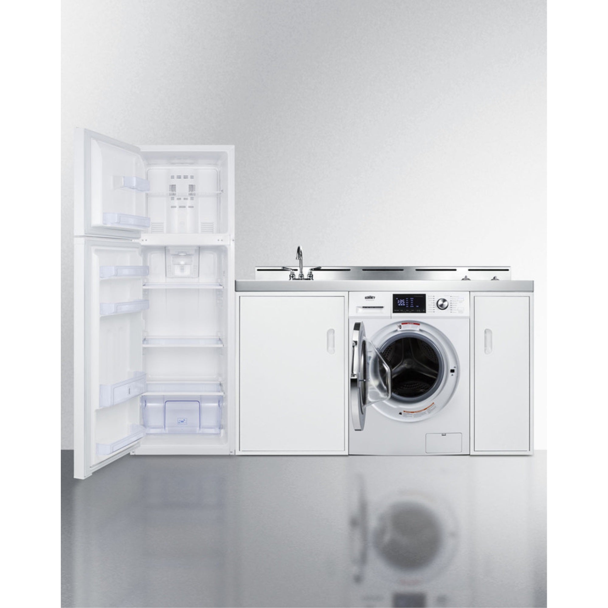 All-In-One Combination Kitchenette With Full-Sized Refrigerator-Freezer, 115V Combo Washer/Dryer, Sink, Storage Cabinet, And 2-B