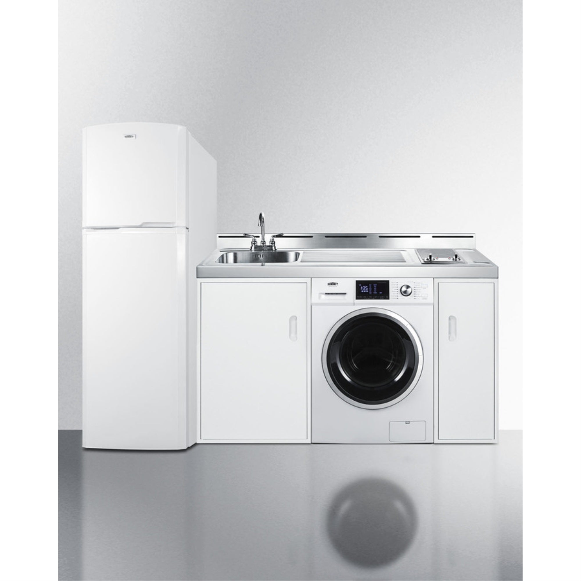 All-In-One Combination Kitchenette With Full-Sized Refrigerator-Freezer, 115V Combo Washer/Dryer, Sink, Storage Cabinet, And 2-B