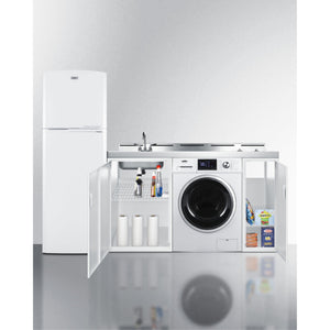 All-In-One Combination Kitchenette With Full-Sized Refrigerator-Freezer, 115V Combo Washer/Dryer, Sink, Storage Cabinet, And 2-B