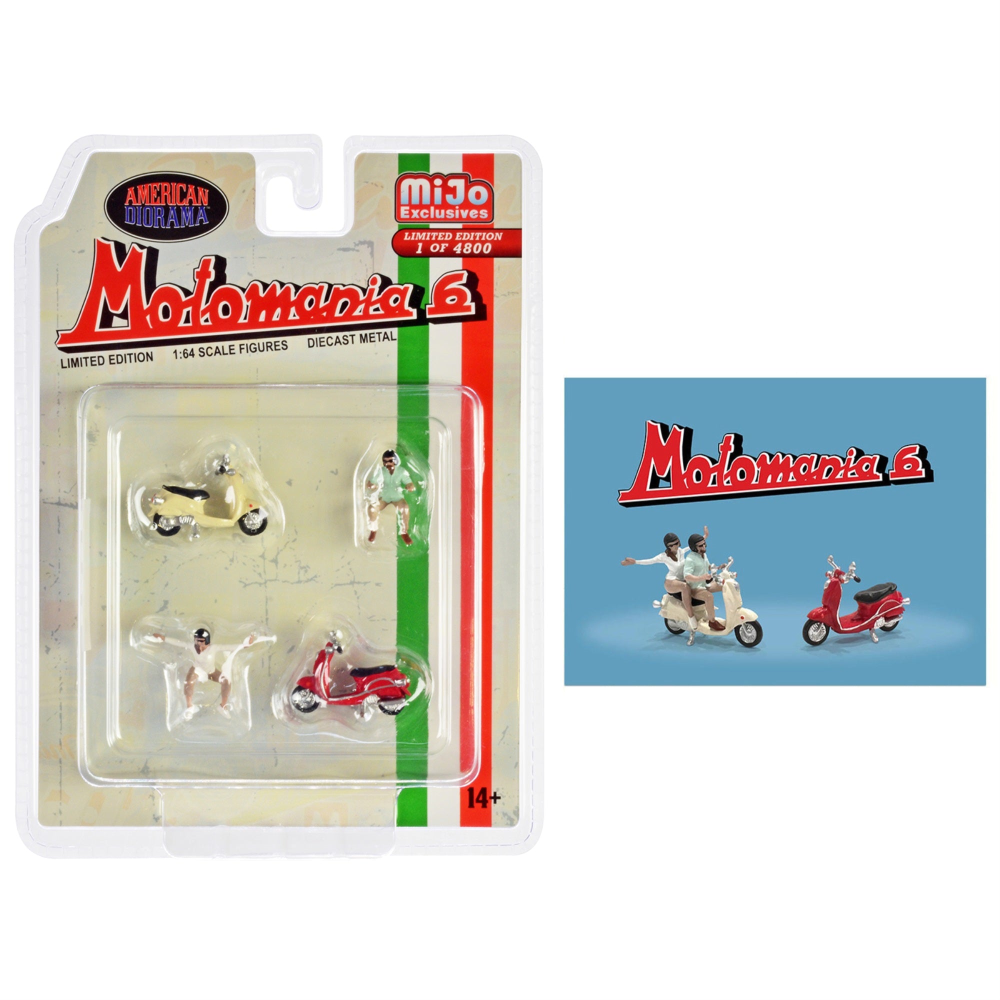 'Motomania 6'' 4 Piece Diecast Figure Set (2 Figures 2 Scooters) Limited Edition To 4800 Pieces Worldwide 1/64 Scale Models By