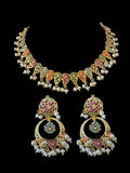 DNS195 Navratan jadau necklace set in fresh water pearls ( READY TO SHIP )
