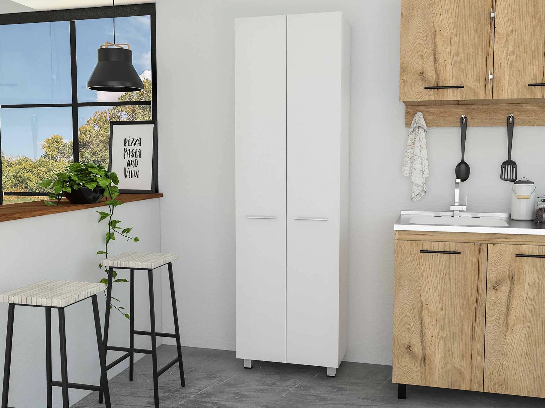 Tuhome Baleare Pantry Cabinet, Five Internal Shelves, Four Legs, Two Handles, White, For Kitchen Room