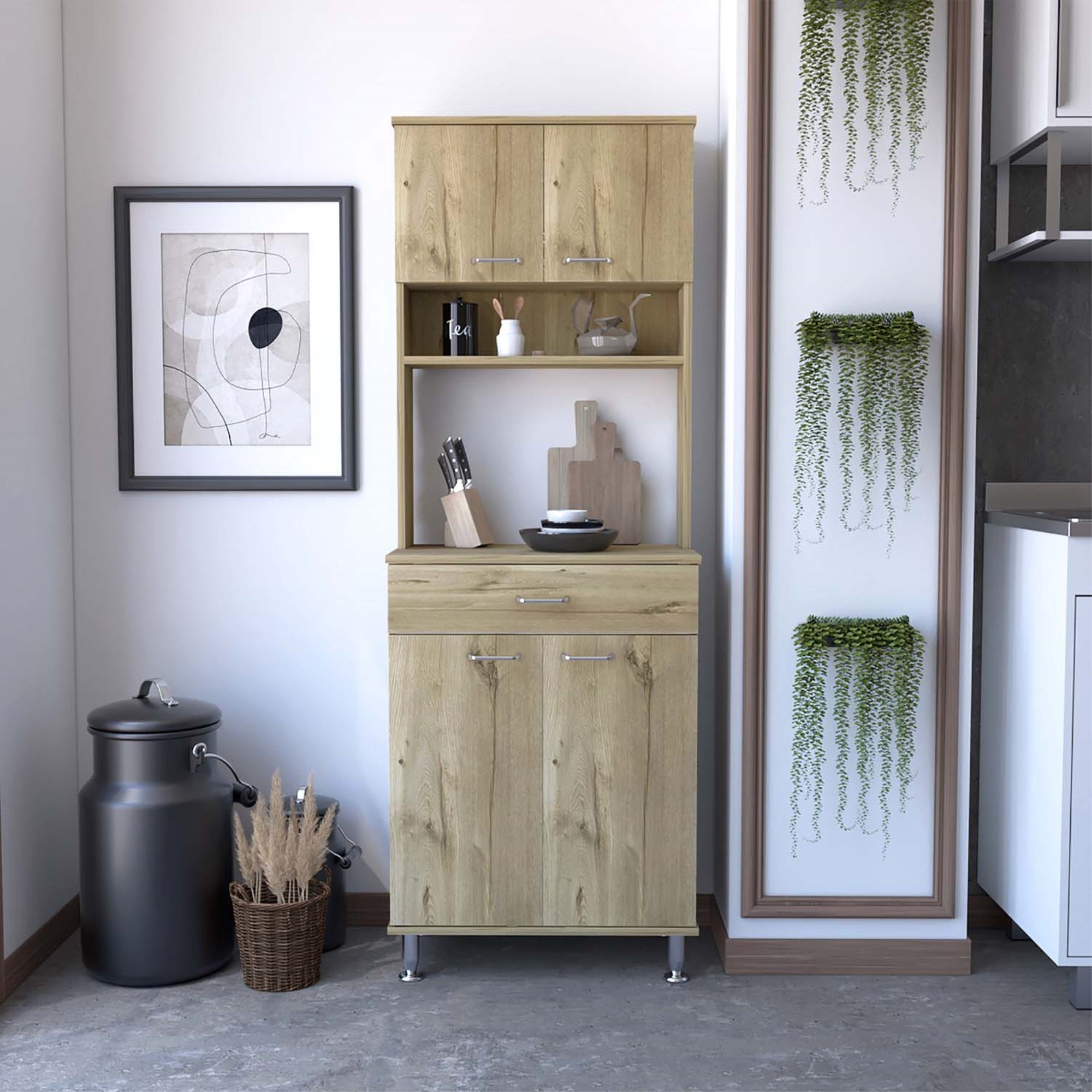 Tuhome Della 60 Pantry Cabinet, Three Shelves, One Drawer, Countertop, Four Legs, Two Double Door Cabinets- Light Oak, For Kitch