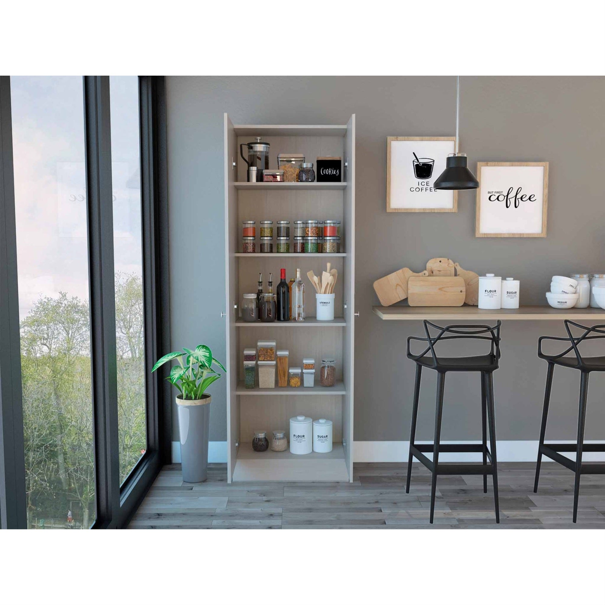 Tuhome Multistorage Cabinet, Two Door Cabinet, Five Shelves, Washed Oak, For Kitchen Room